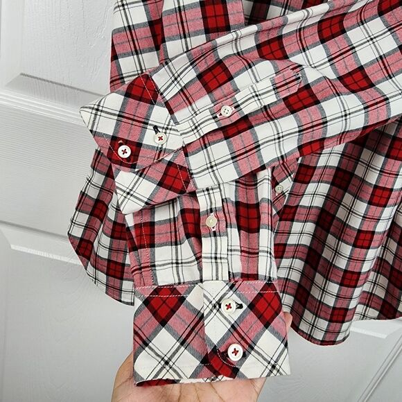 Talbots Plaid Metallic Button up Shirt Blouse Top Red White Black Cotton Size L - Picture 6 of 13